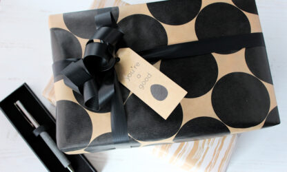Ribbed Black Circles Wrapping Paper with Matte Ribbon and Gift Tag