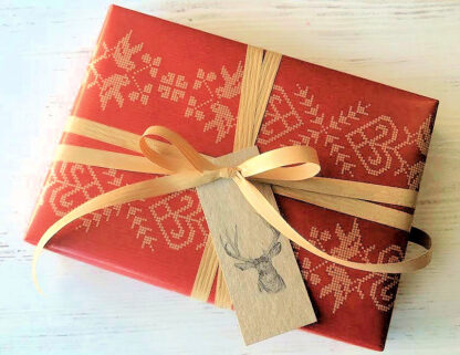 Ribbed Christmas Folk Wrapping Paper with Matte Ribbon and Tag