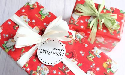 Nordic Helpers Wrapping Paper with Christmas Script Round White Gift Tag and Matte Curling Ribbon