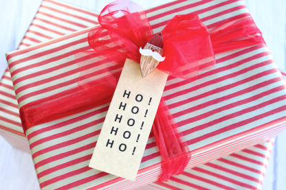 Red + Gold Stripe Kraft Wrapping Paper with Organza Ribbon