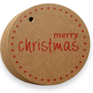 CHRISTMAS SCRIPT Round Kraft + Red Gift Tag