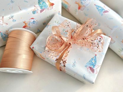 Foxmas Wrap with Champagne Matte Metallic Curling Ribbon and Rose Gold Sequin Ribbon